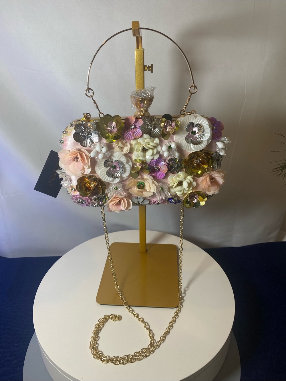 bebe Floral Embellished Pink & Gold Clutch